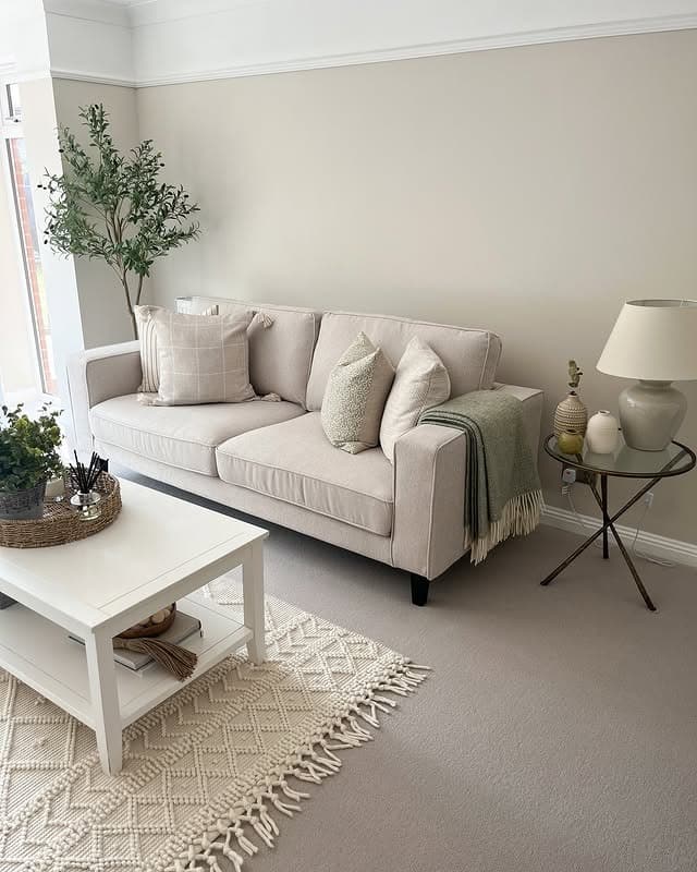 2. Minimal Neutrals with Soft Greens - neutral living room ideas