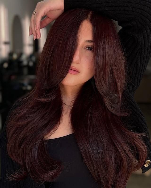 1. Silky Layers with Chocolate Cherry Shine - Chocolate Cherry Hair Color