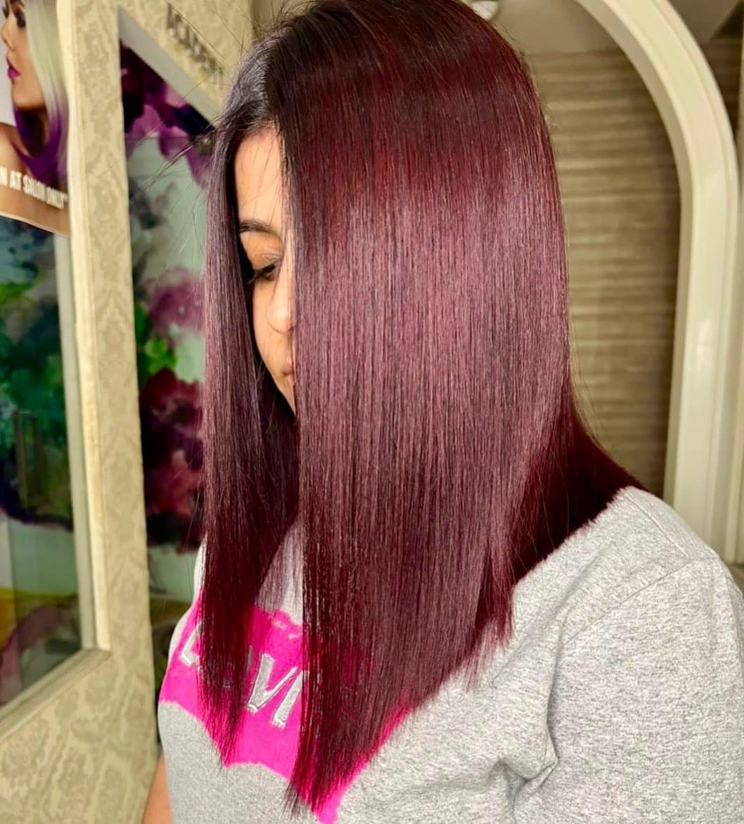 10. Straight Sleek Mid-Length Cherry Chocolate - Chocolate Cherry Hair Color