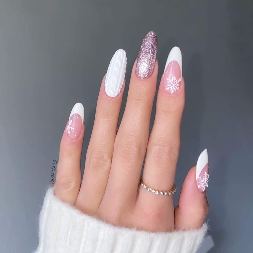 1. Frosted White and Glitter Almond French Tips - christmas french tip nail ideas