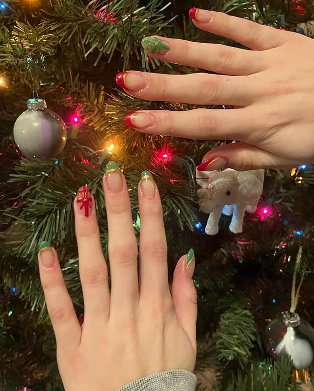4. Green and Red Christmas Tree French Tips - christmas french tip nail ideas