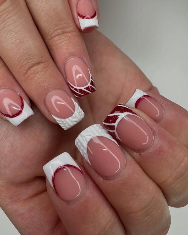 6. Textured Red and White Square French Tips - christmas french tip nail ideas