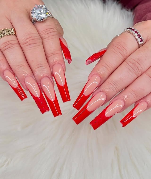 13. Bold Red Coffin French Tips with Sweater Detail - christmas french tip nail ideas