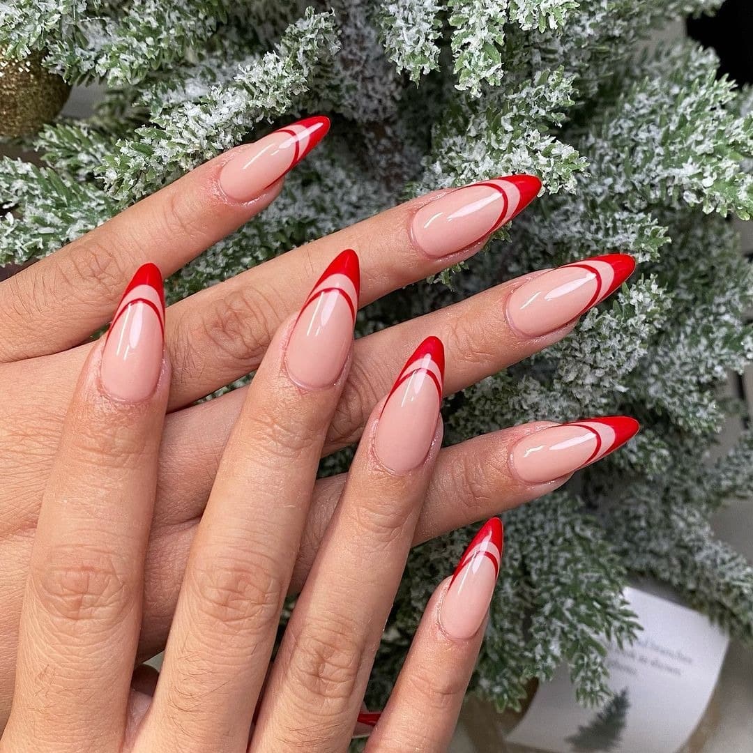 14. Double-Red Almond French Tips - christmas french tip nail ideas
