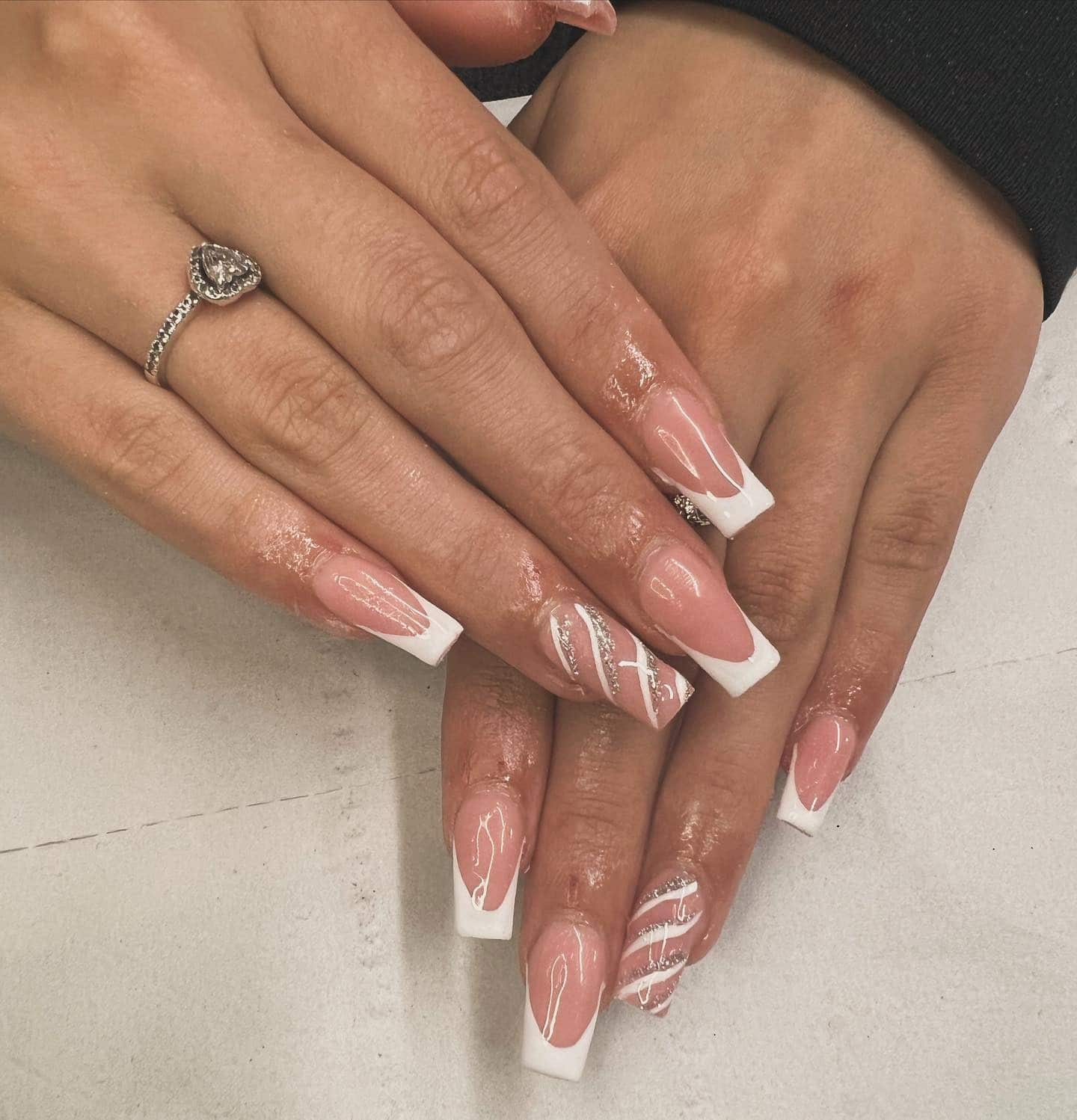 17. Silver-Striped Holiday French Tips - christmas french tip nail ideas