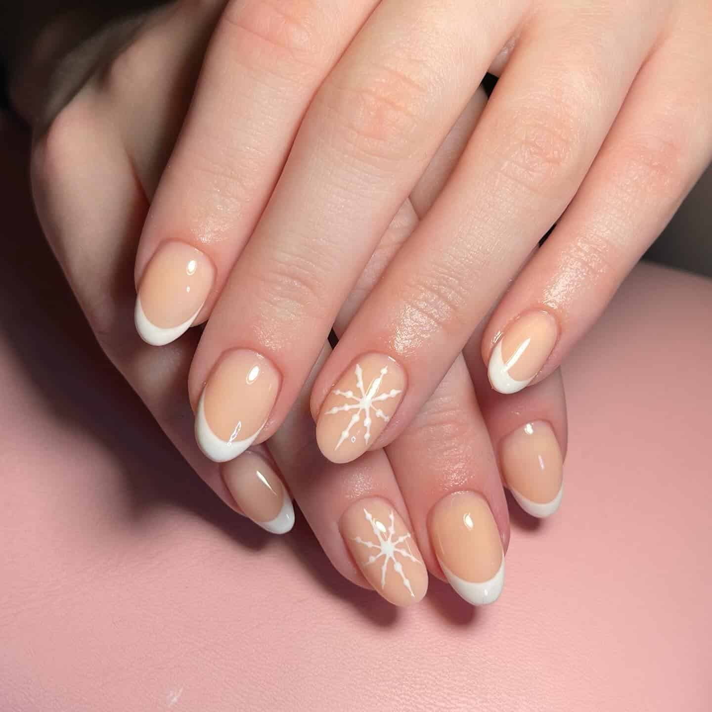 18. Snowflake French Tips - christmas french tip nail ideas