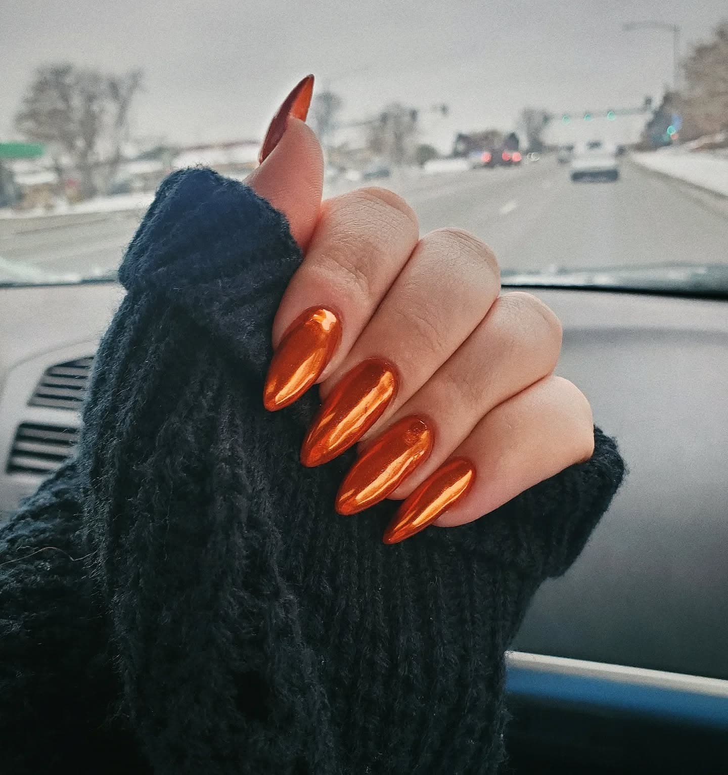5. Metallic Flame Stiletto Nails - copper color nail ideas