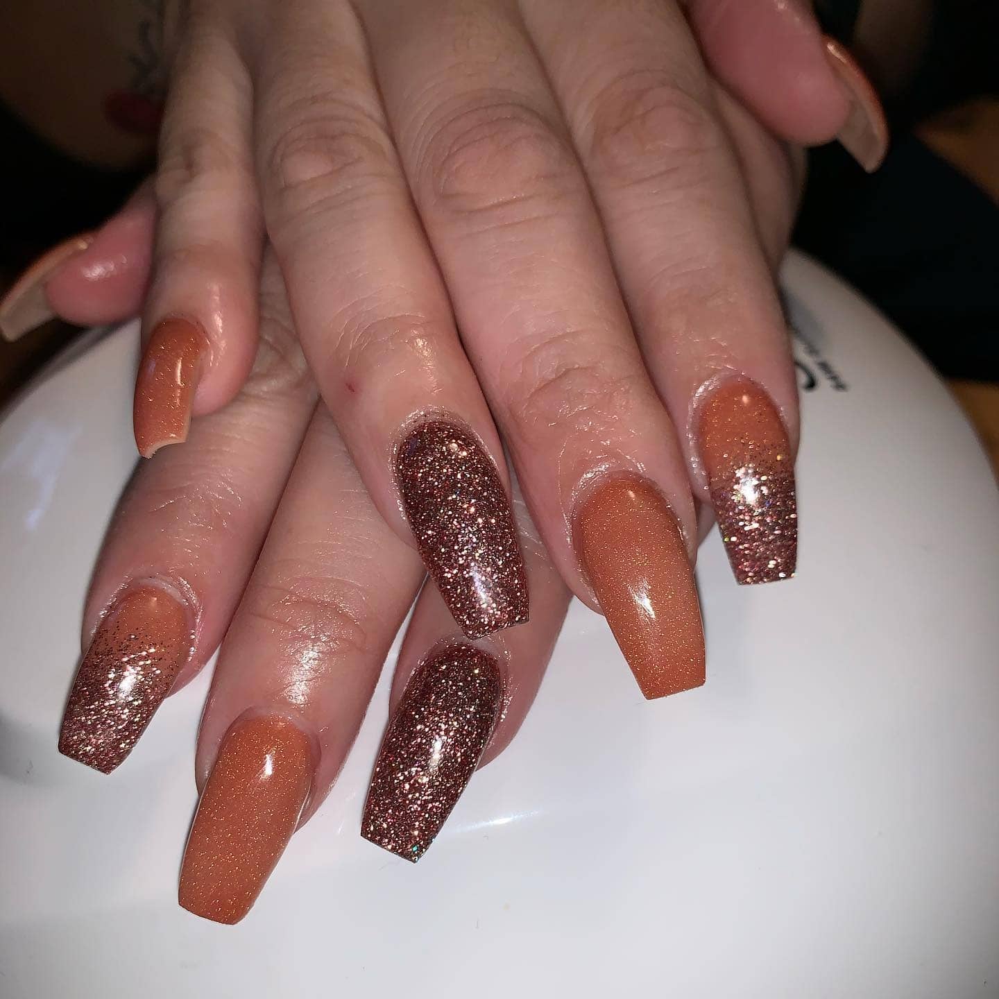 8. Copper & Glitter Duo - copper color nail ideas