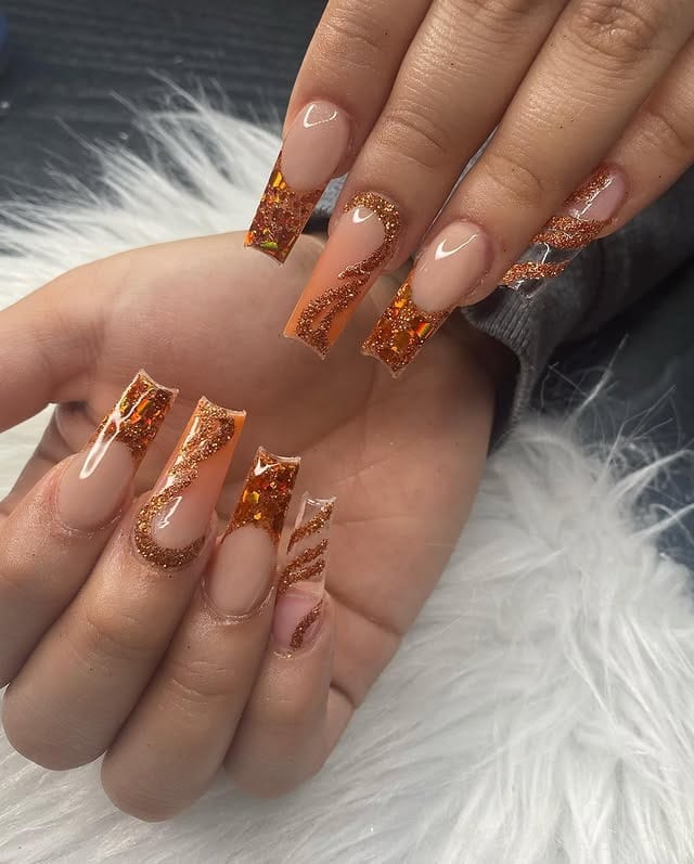 17. Copper Glitter French Tips - copper color nail ideas