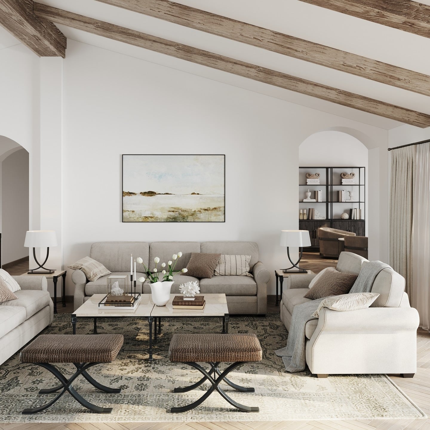 11. Rustic Elegance with Exposed Beams - traditional living room ideas