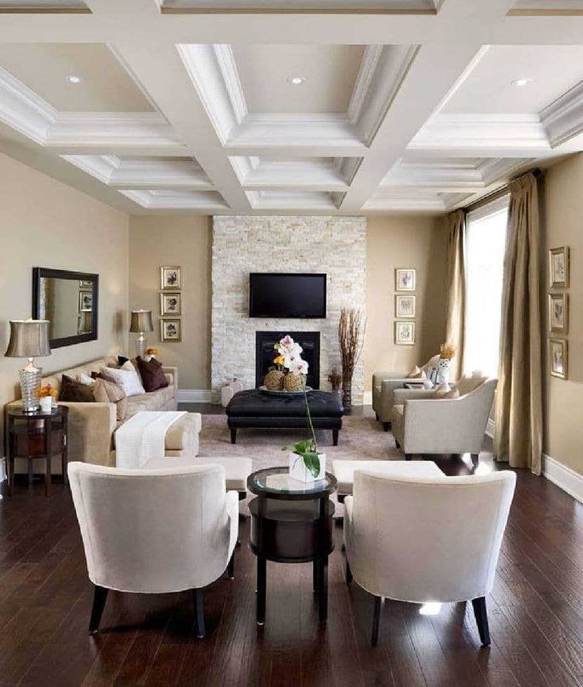18. Coffered Ceiling with Stone Fireplace - traditional living room ideas