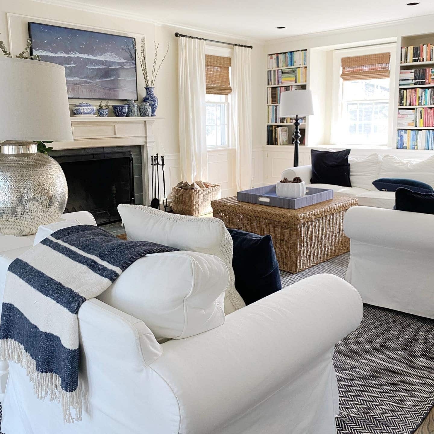19. Coastal Traditional with White and Navy - traditional living room ideas