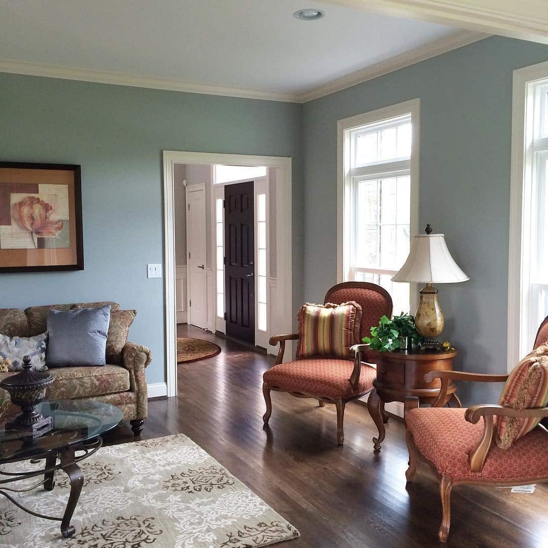 22. Blue Walls with Warm Accents - traditional living room ideas