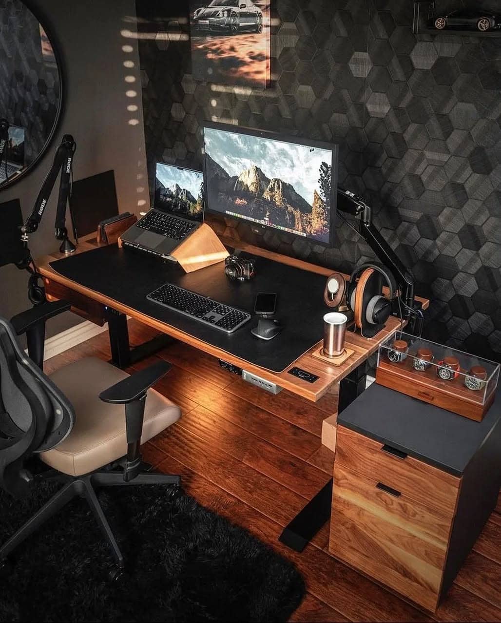 4. Contemporary Function with Wood Tones - black office ideas