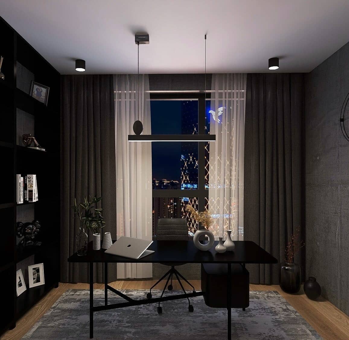 11. City View Elegance with Monochrome Palette - black office ideas