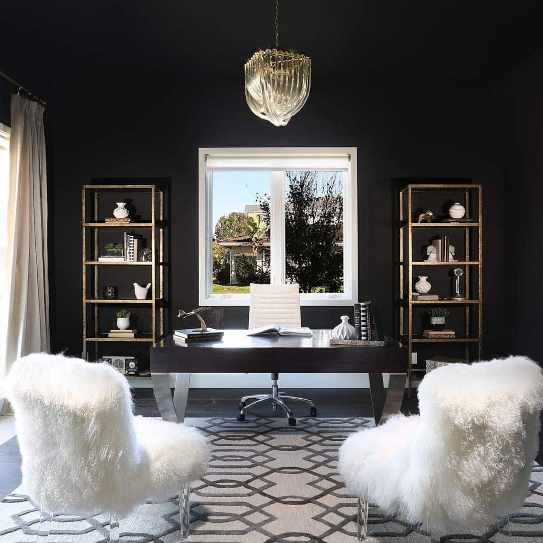 12. Glamorous Contrast with White Accents - black office ideas