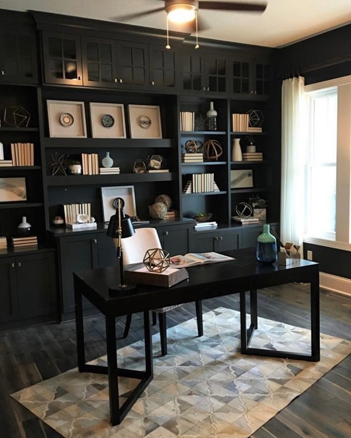 14. Layered Storage with Geometric Precision - black office ideas