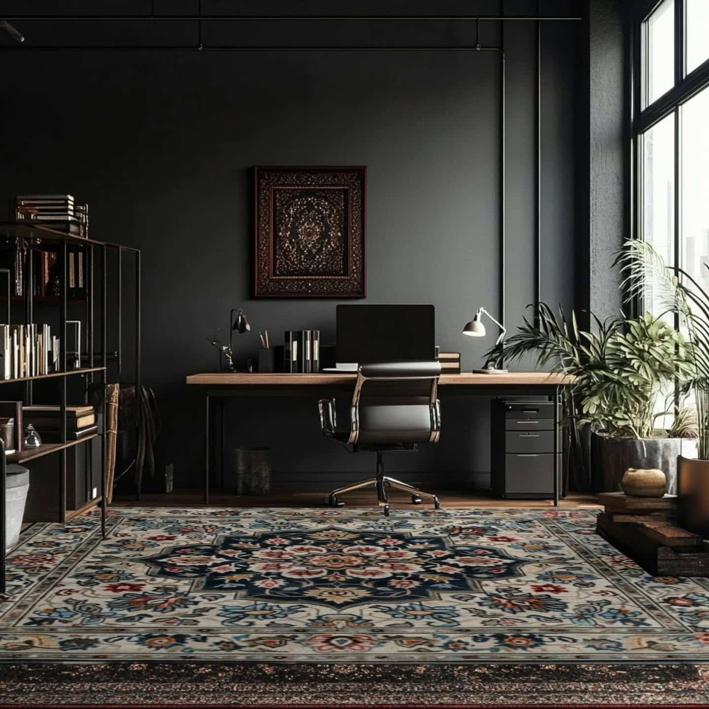 16. Artistic Character with Patterned Rug - black office ideas