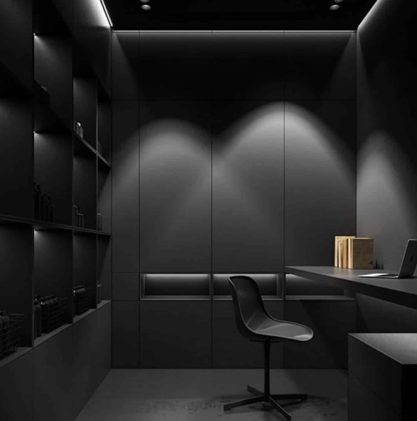 19. Minimalist Purity with Monochrome Layers - black office ideas