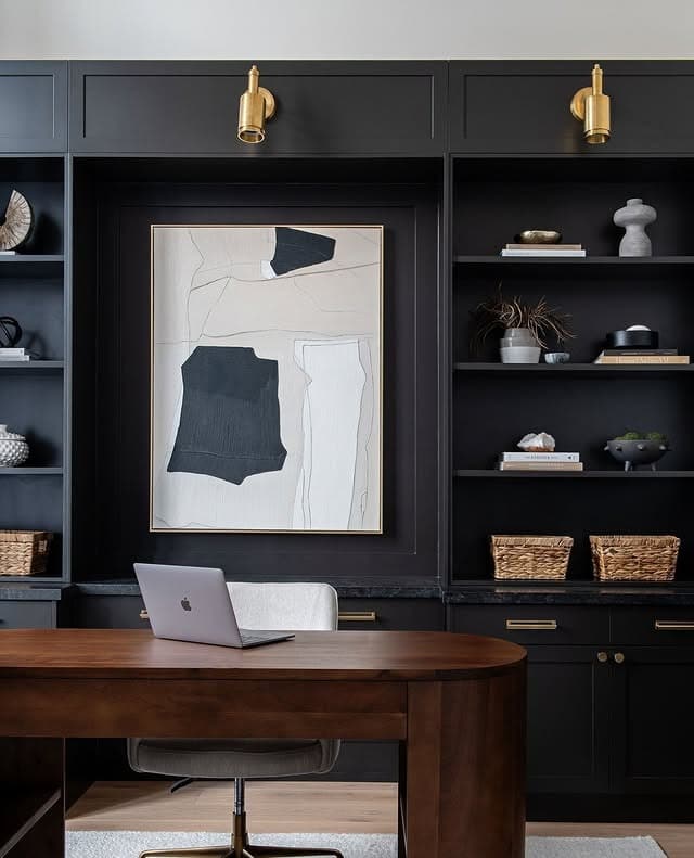 21. Modern Balance with Artful Contrast - black office ideas