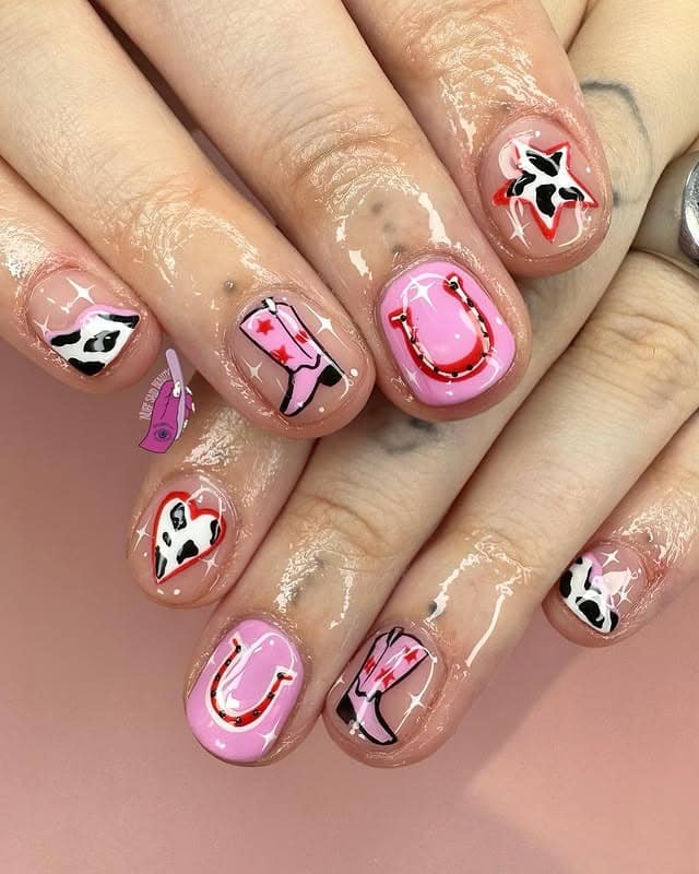 11. Western Charm Icons on Glossy Pink - cowgirl nail ideas