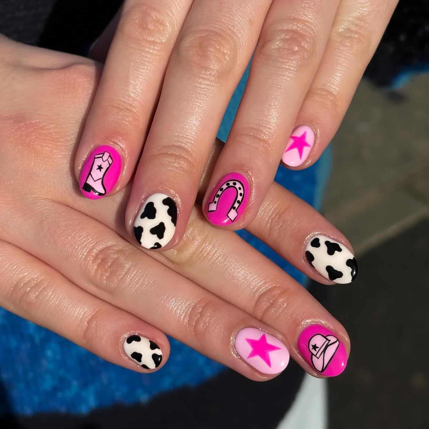 14. Neon Rodeo Icons on Pink and Cream - cowgirl nail ideas