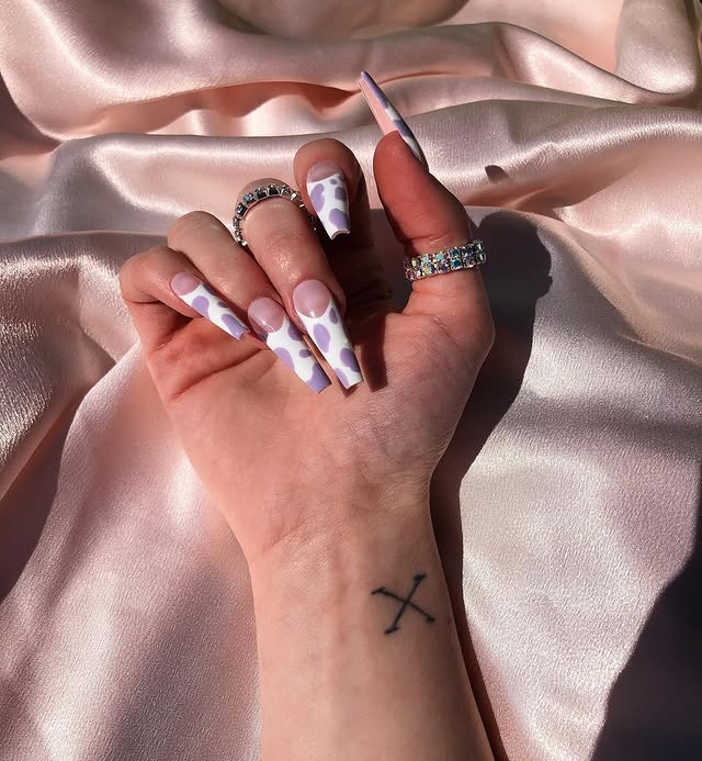 20. Lavender Cow Print Coffin Nails - cowgirl nail ideas