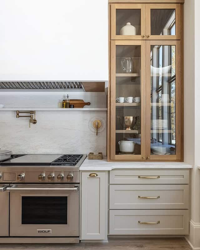 5. Transitional Cream and Glass Showcase - kitchen cabinet ideas