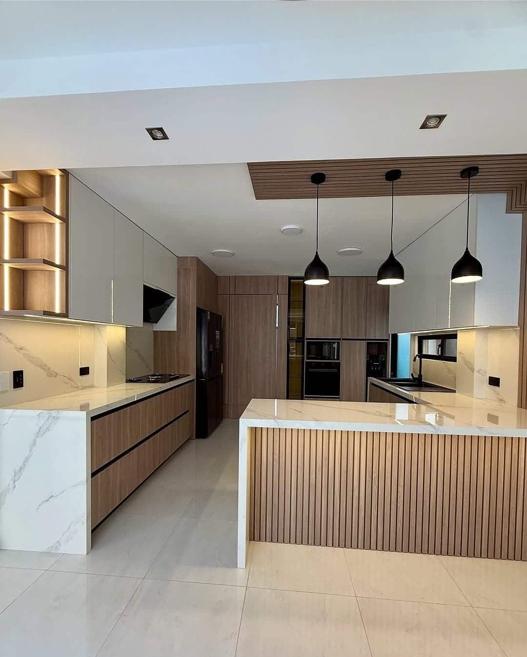 15. Contemporary Wood and White Contrast - kitchen cabinet ideas