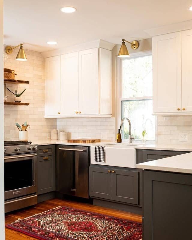 18. Two-Tone Chic with Warm Rug Accent - kitchen cabinet ideas