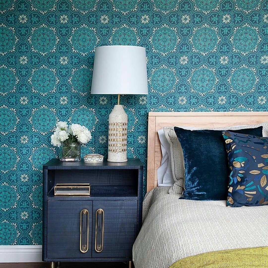 5. Bold Teal with Global Influence - wallpaper ideas for bedroom