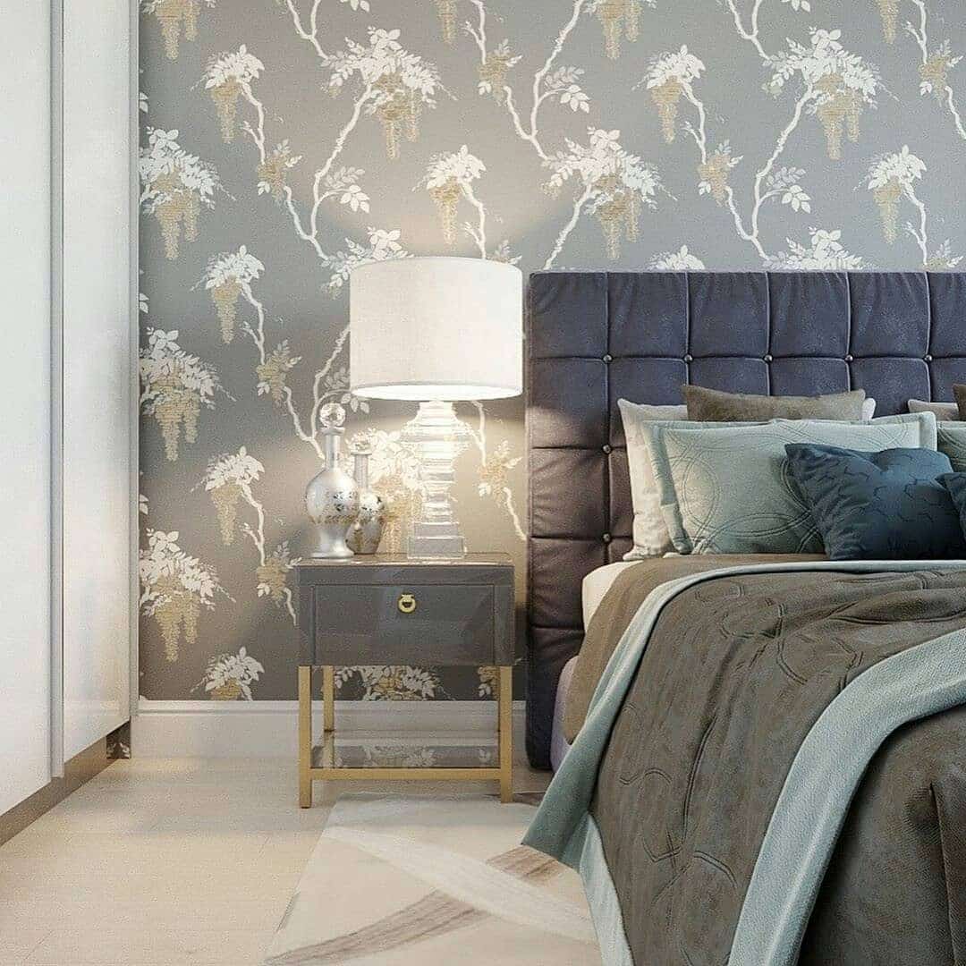 7. Floral Accents on a Soft Gray Base - wallpaper ideas for bedroom