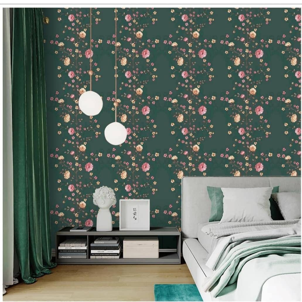 12. Romantic Florals on a Deep Green Backdrop - wallpaper ideas for bedroom