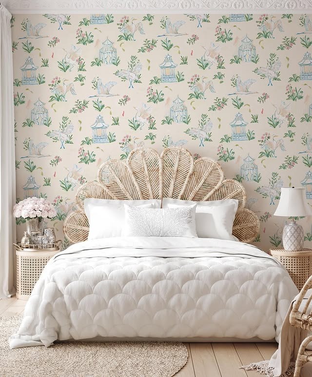 16. Chinoiserie Charm with Whimsical Detail - wallpaper ideas for bedroom