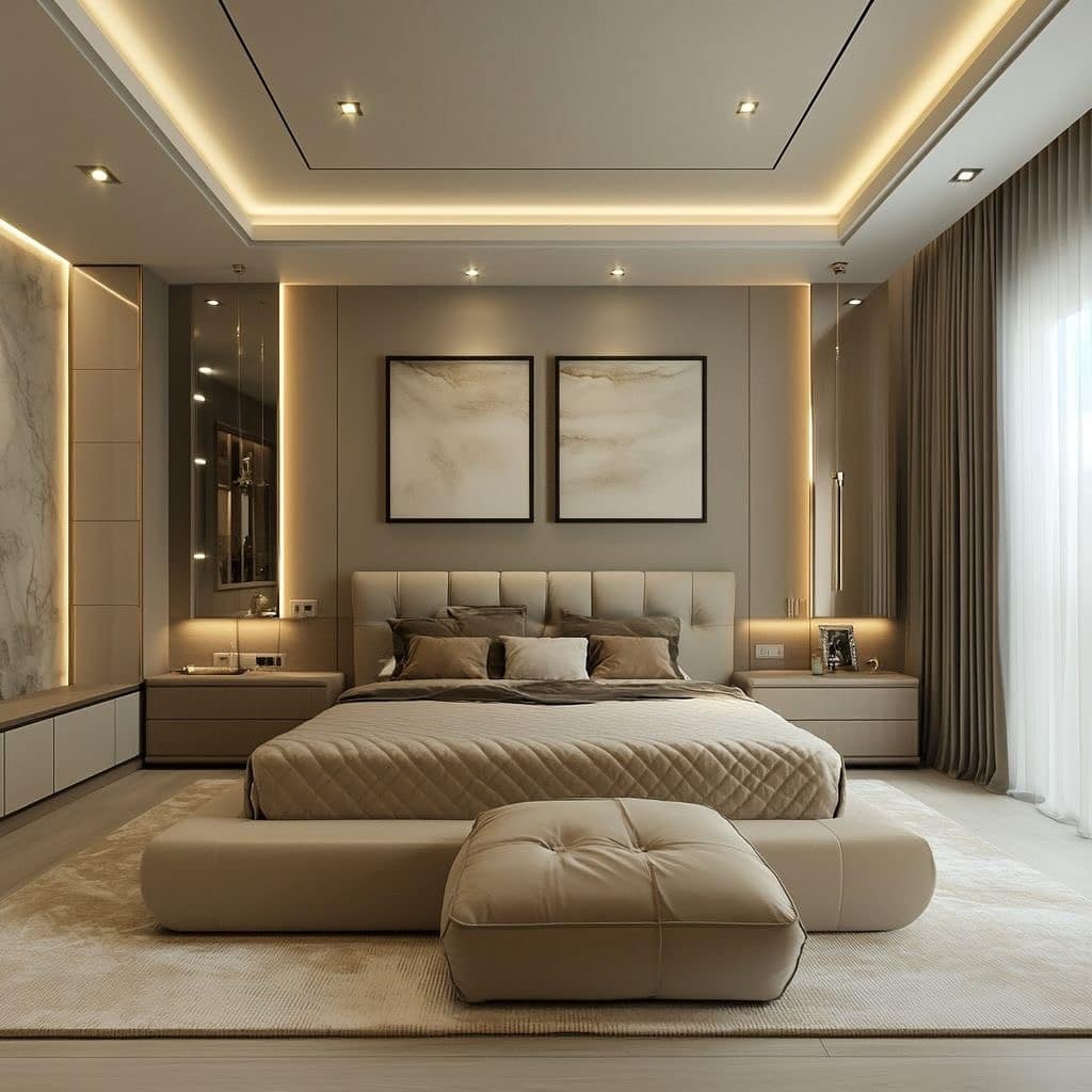 19. Modern Luxe with Layered Lighting - wallpaper ideas for bedroom