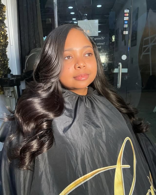 15. Glossy Side-Parted Curls - Quick Weave Hairstyles