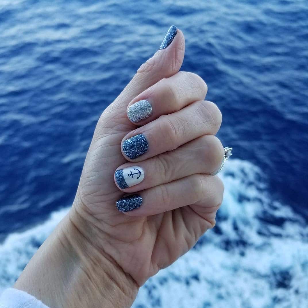 3. Ocean Sparkle with Anchor Accent - cruise ship nail ideas