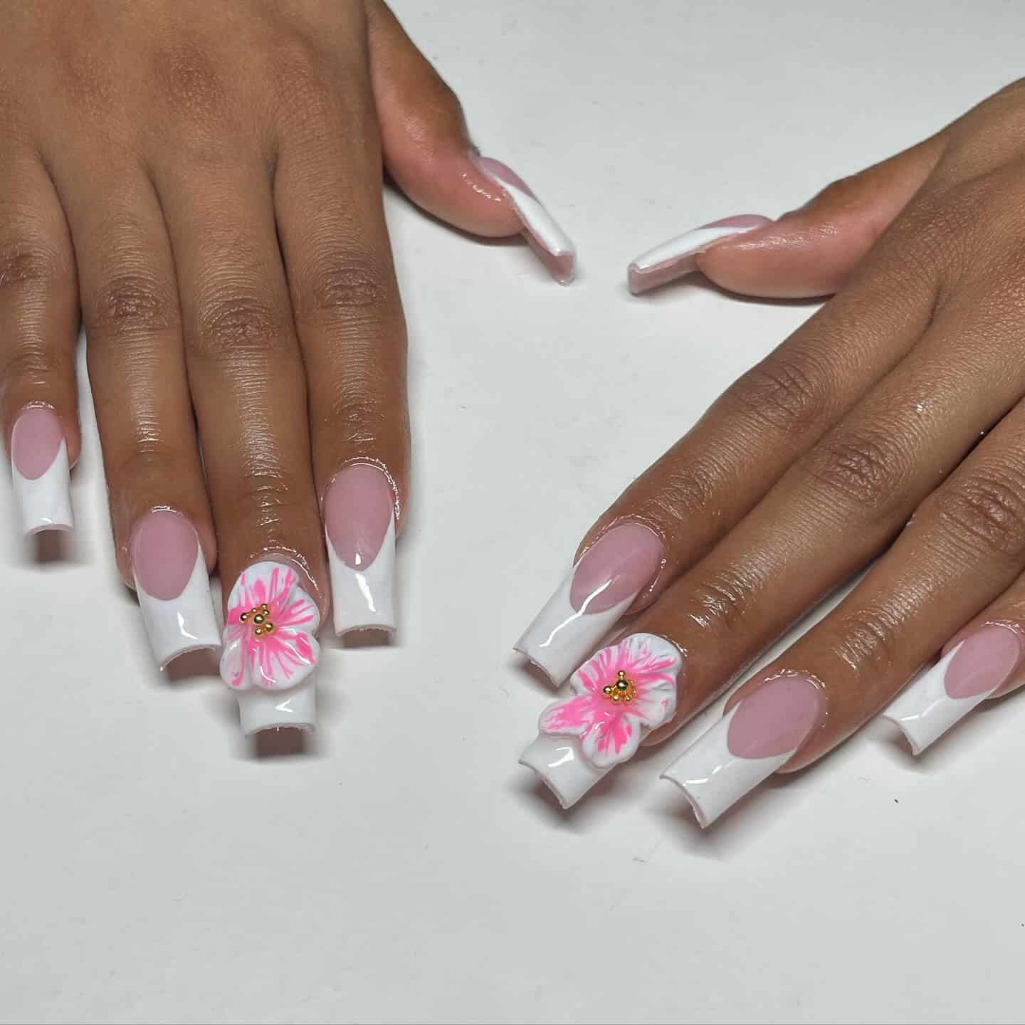 17. Hibiscus French Tips - cruise ship nail ideas