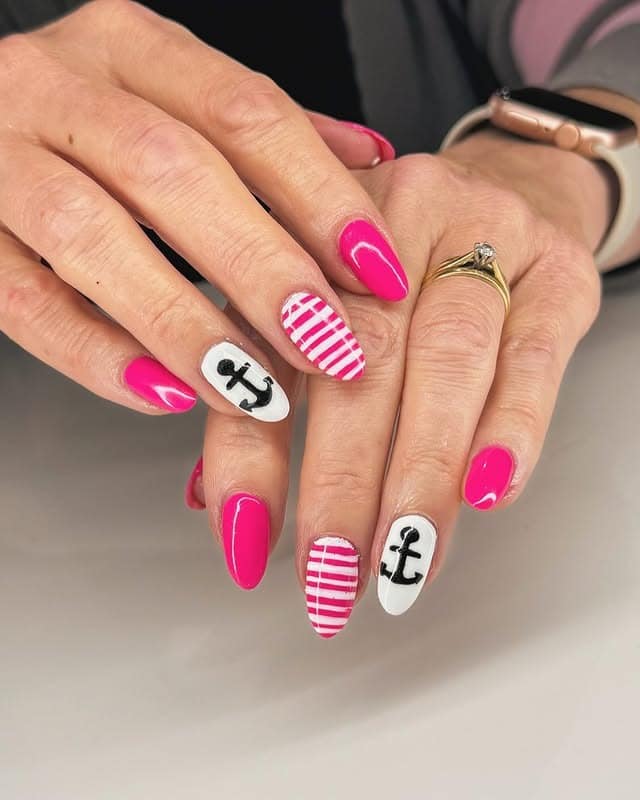 21. Pink Anchors & Stripes - cruise ship nail ideas