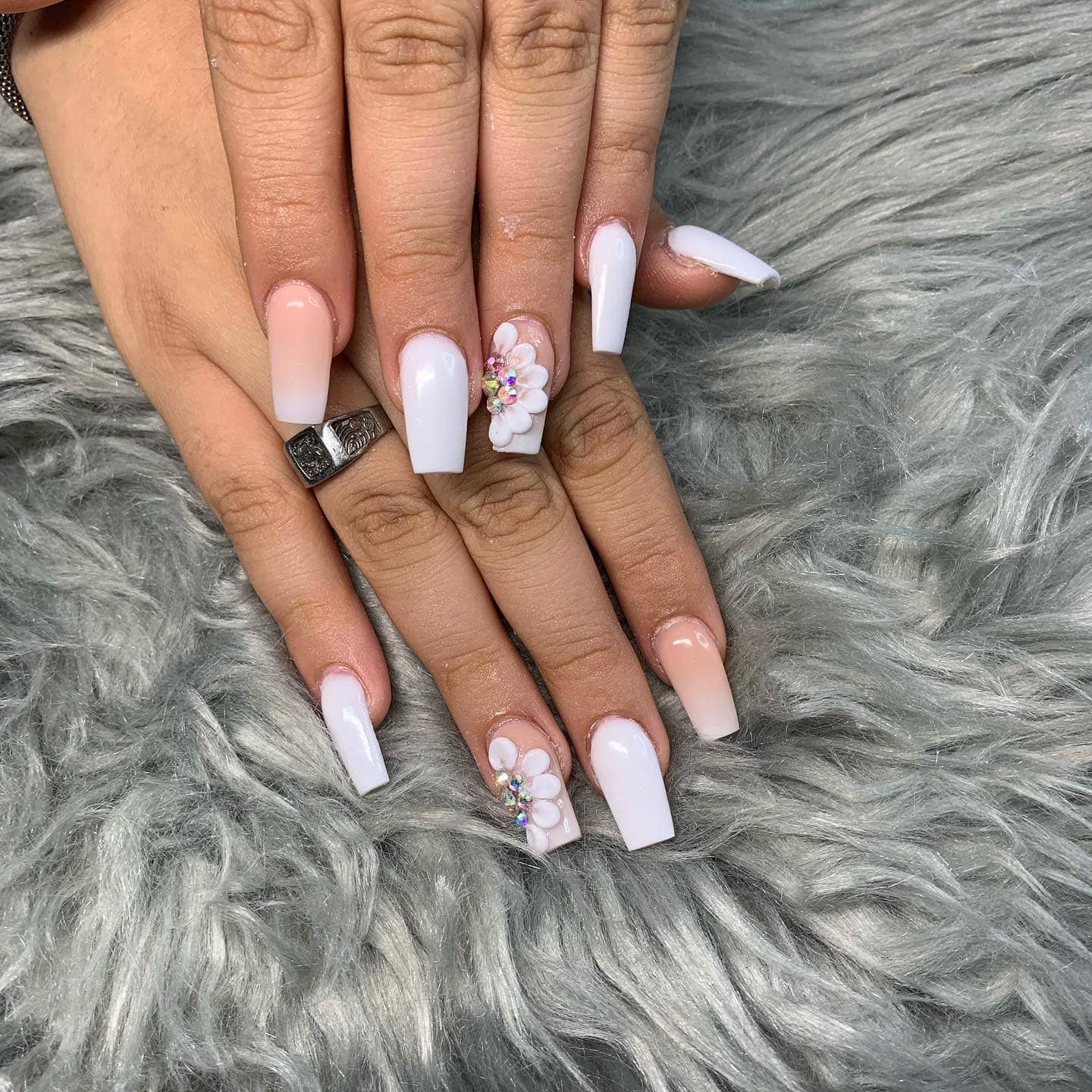 6. White Ombre Florals - cute flower nail ideas