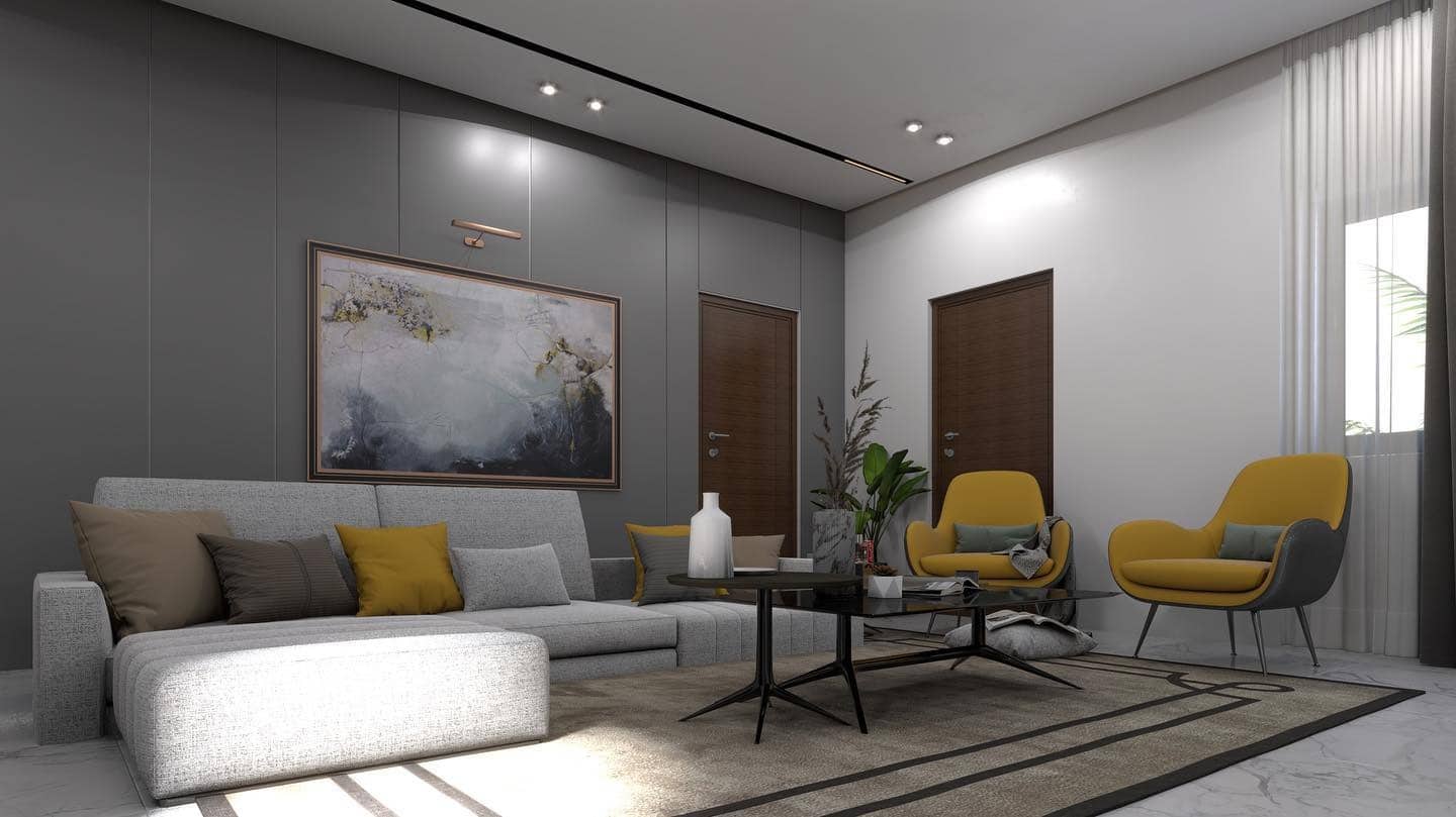 3. Minimalist Gray with Mustard Highlights - gray and yellow living room ideas