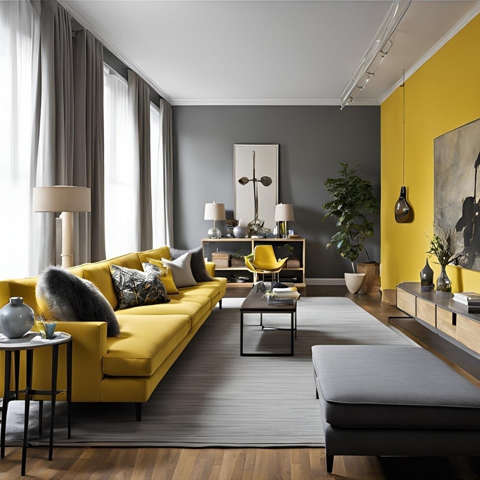 4. Bold Statement with Yellow and Charcoal - gray and yellow living room ideas