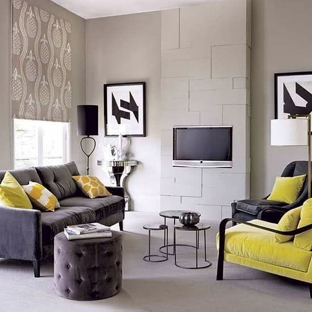 6. Soft Neutrals with a Yellow Accent Chair - gray and yellow living room ideas