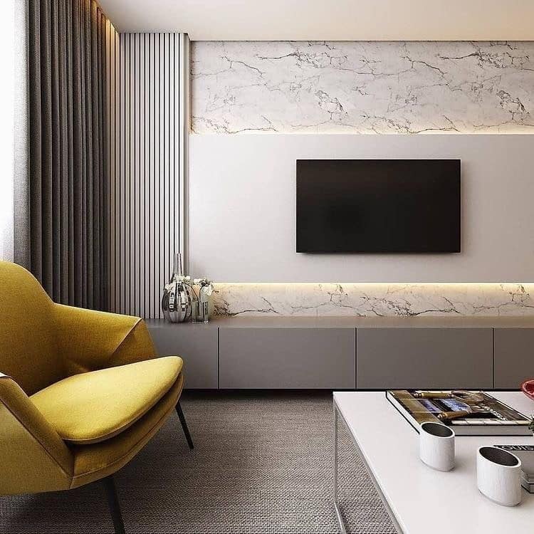 7. Polished Modern with Marble Accents - gray and yellow living room ideas