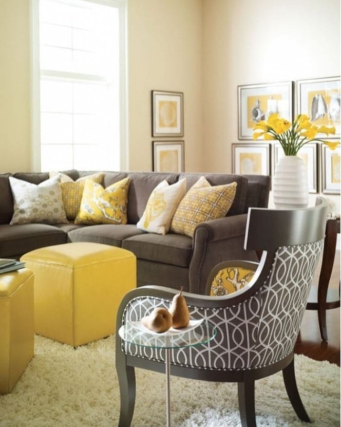 11. Warm Gray with Sunshine Accents - gray and yellow living room ideas