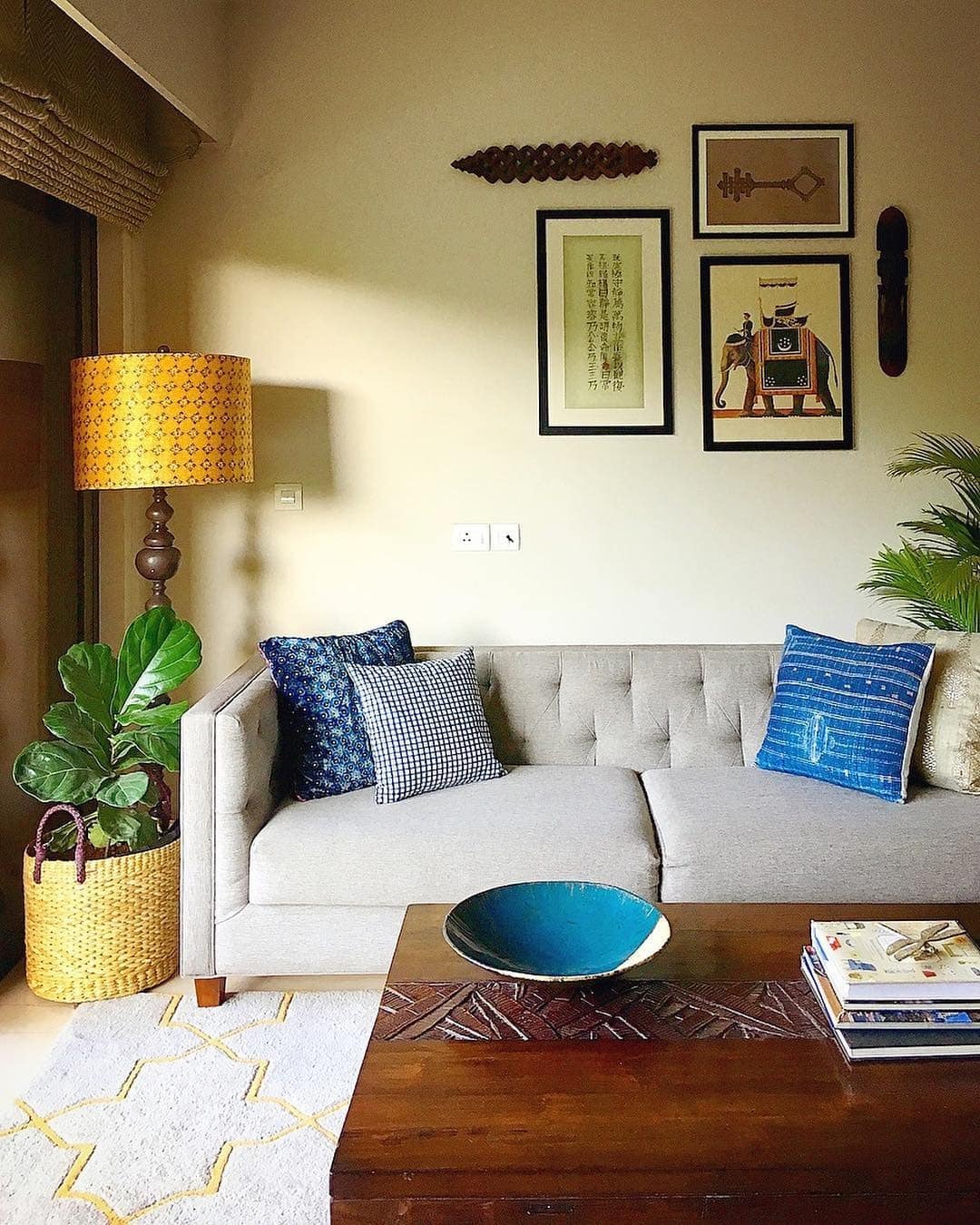 14. Subtle Gray with Global Accents - gray and yellow living room ideas