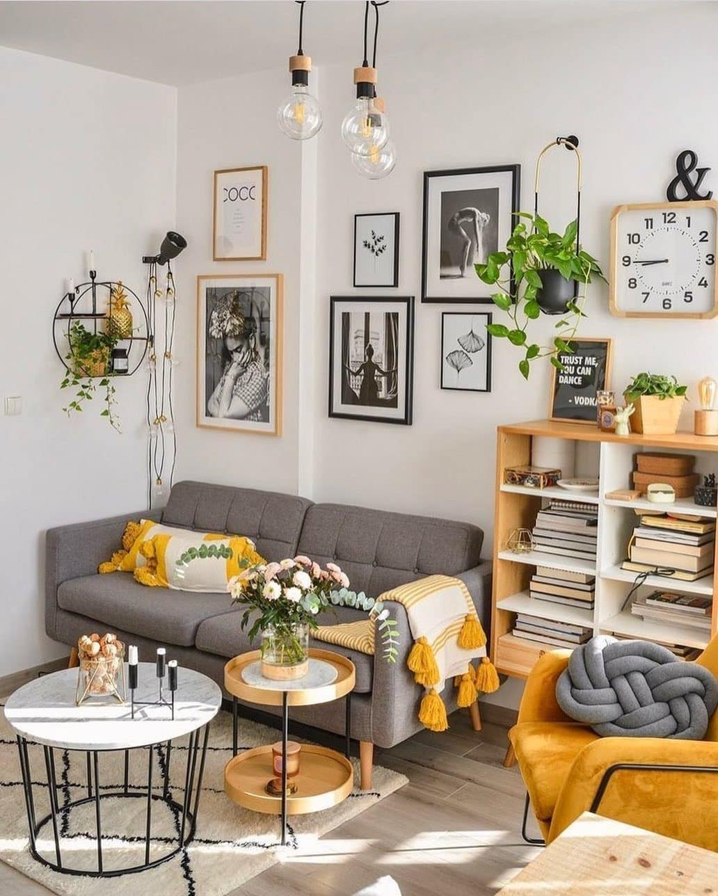 20. Playful Charm with Mustard Layers - gray and yellow living room ideas