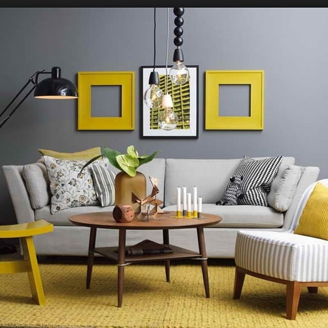 21. Playful Modern with Yellow Frames - gray and yellow living room ideas
