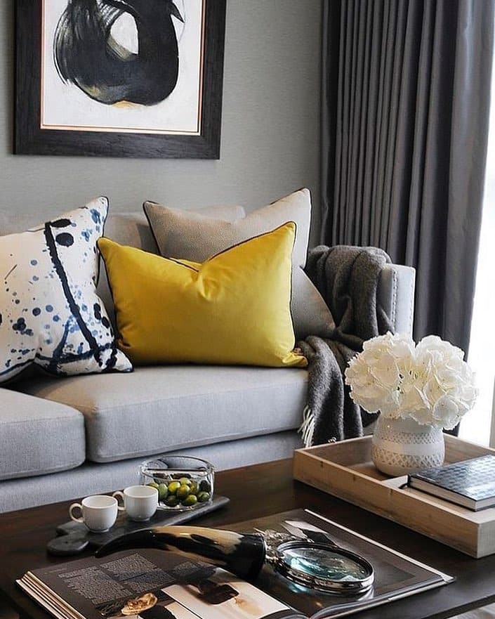 22. Refined Comfort with Yellow Accents - gray and yellow living room ideas