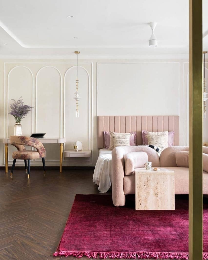 1. Blush Elegance with Bold Accents - pink and gold bedroom ideas